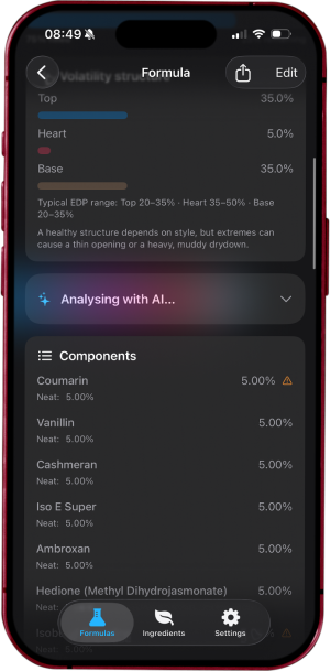 Screenshot of PerfumeLab perfume formulation software showing AI analysis and formula breakdown on iPhone.