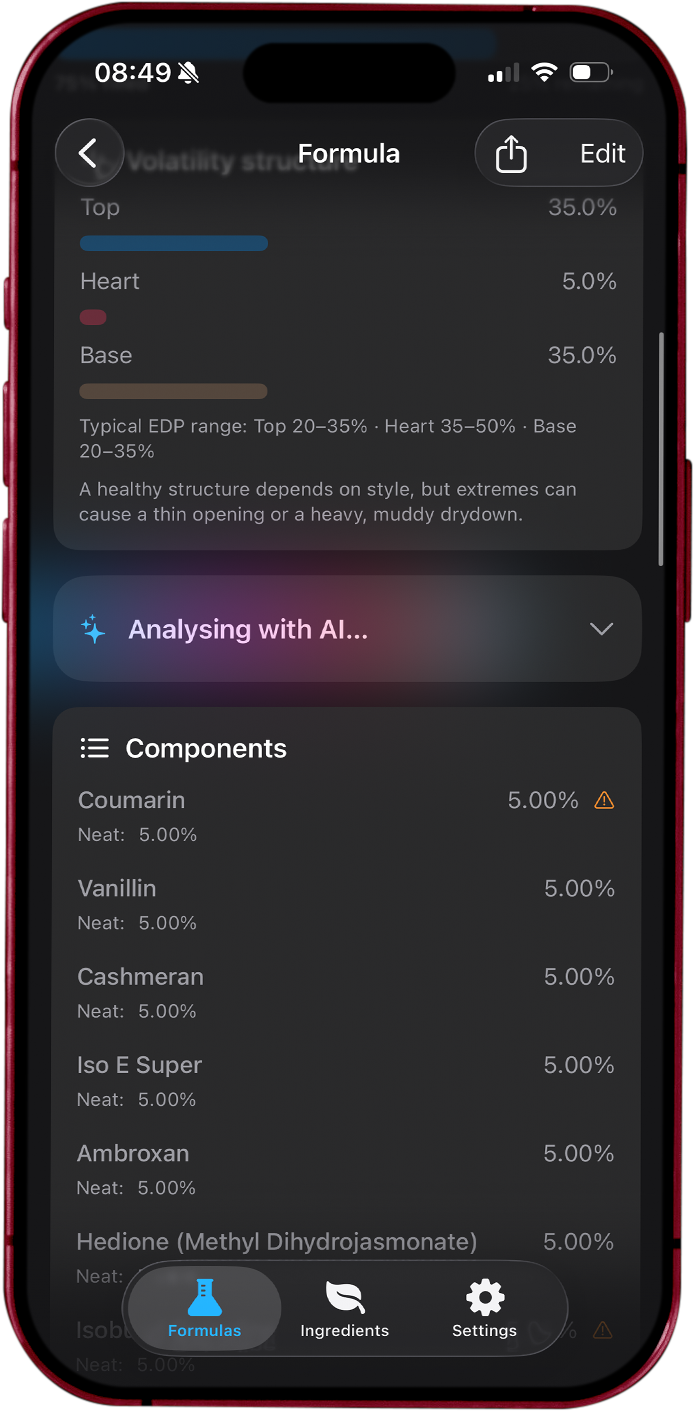Screenshot of PerfumeLab perfume formulation software showing AI analysis and formula breakdown on iPhone.