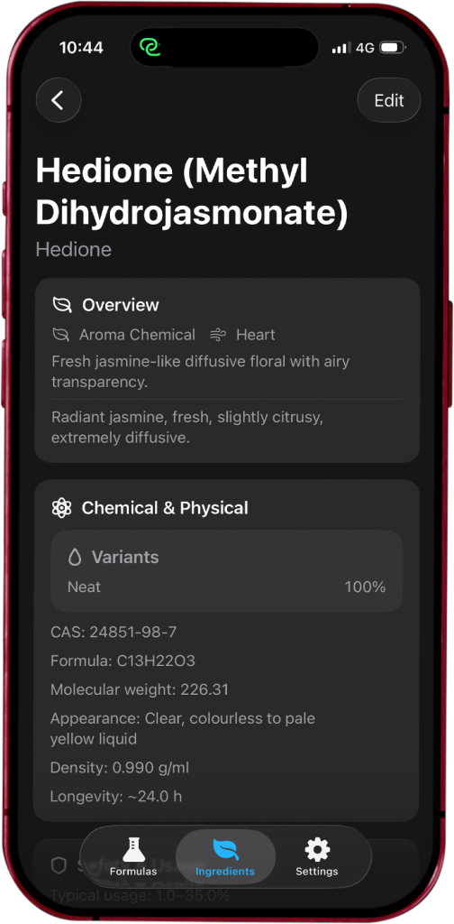 hedione ingredient profile showing usage percentage and performance data in perfume formulation software
